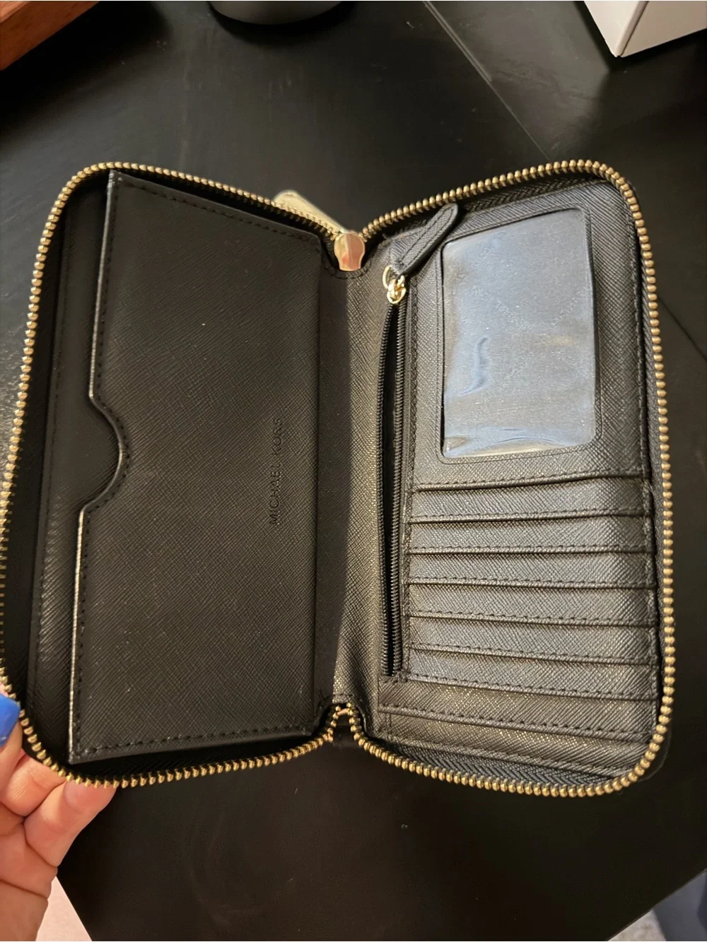 Michael Kors Black Saffiano Zip Wallet with Gold Logo